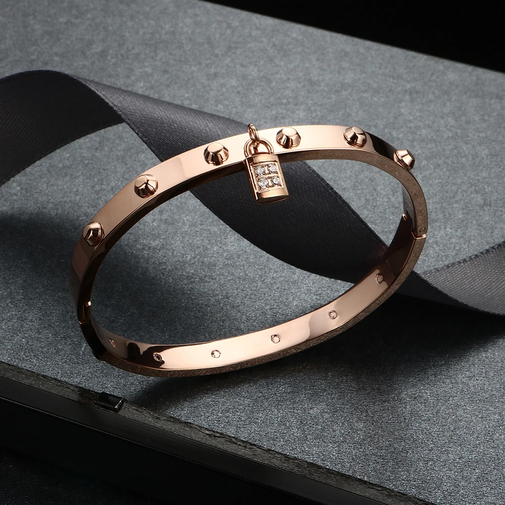 

Crystal Rhinestone Lock Bracelet Bangle Woman Stainless Steel Silver Rose Gold Brand Cuff Bangles Jewelry Wedding Party Gift