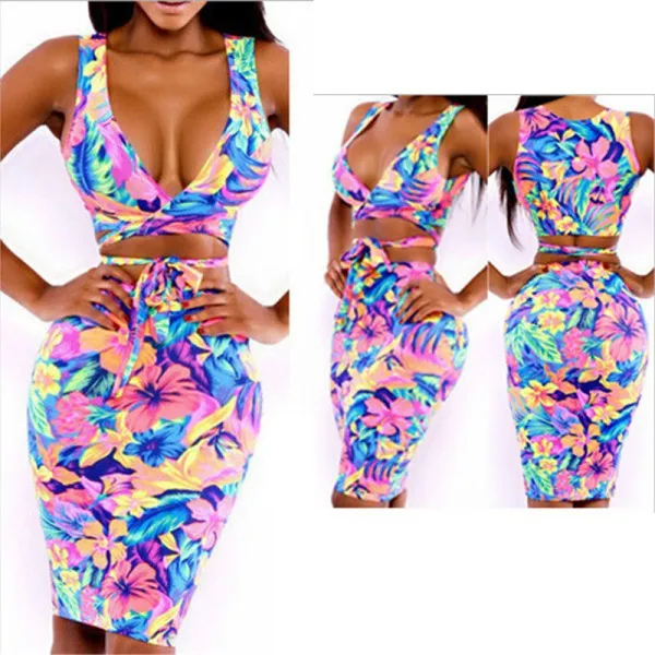 

Sexy Women Flower Two Piece Bustier Top + Skirt Ladies Skirts Party Clubwear Clothes