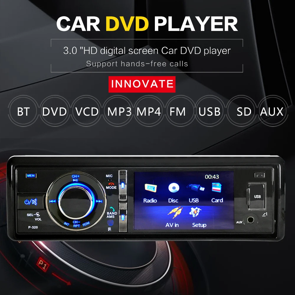 

2.5" Single 1 Din Car DVD Player Radio Stereo Panel Video Bluetooth Subwoofer AUX In CD MP5 DVD Player Audio