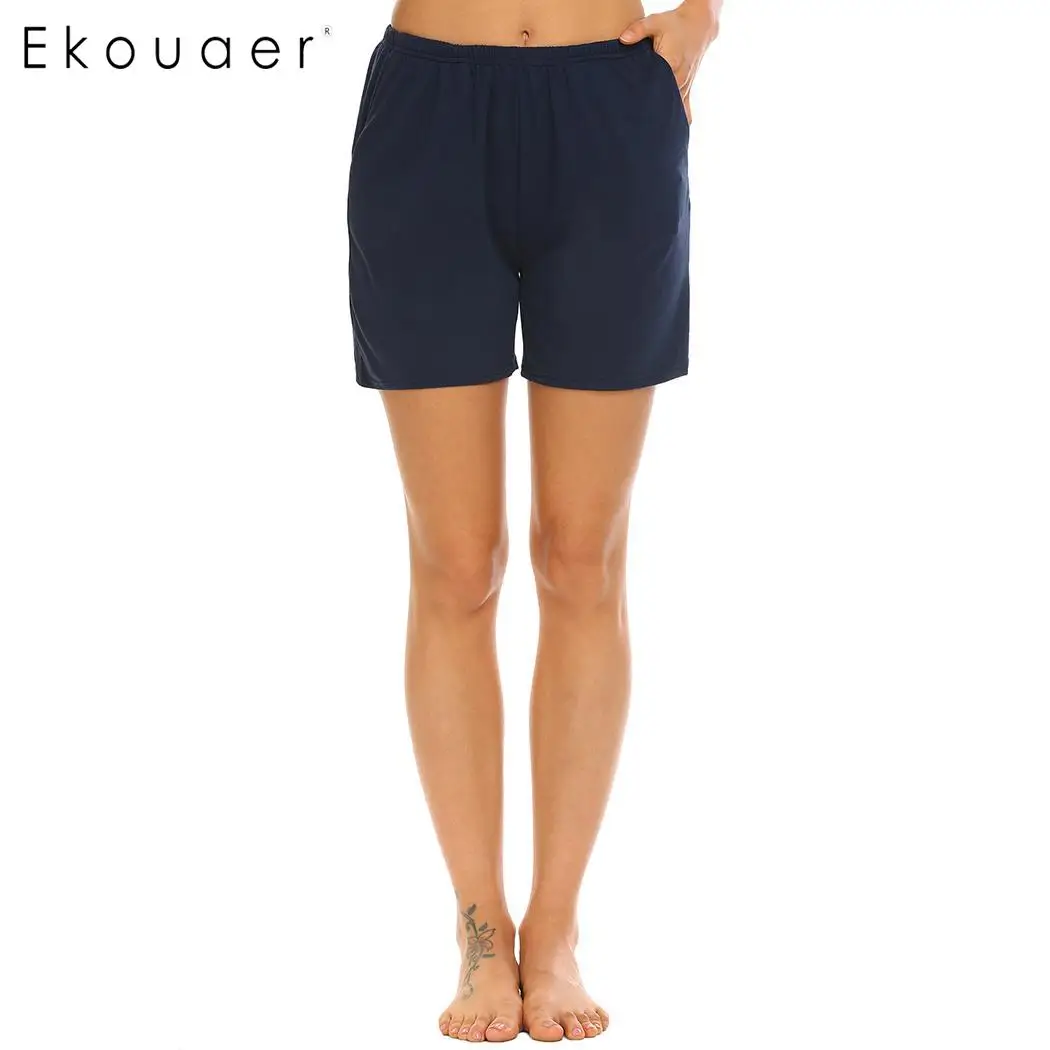 Ekouaer женская мягкая Пижама для сна, однотонная Пижама для сна шорты для отдыха с карманами, эластичная резинка на талии, свободные штаны для сна, ночное белье - Цвет: Navy Blue