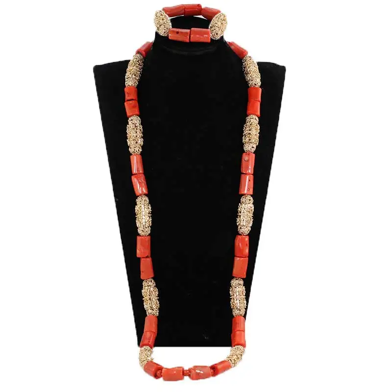 40 дюймов большие бусины Натуральный Коралл Свадебное Ожерелье Набор Мода Мужчины коралл ожерелье ювелирный набор Жених Африканский ювелирный набор CNR806