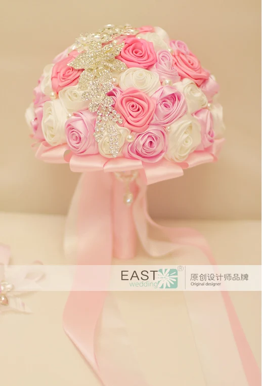 DIY брошь букет Шелковый Свадебный букет невесты из бисера Свадебный букет невесты cyan-в синем и розовом цвете белая ткань розы настраиваемый букеты из стразов