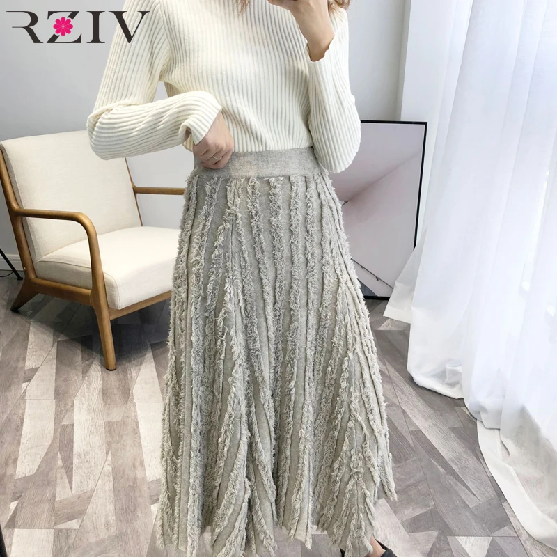 

RZIV autumn winter women elegant skirt a-line fringed feather skirt with solid color knitted umbrella skirt