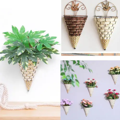 

Iron Art Straw Plaited Wicker Flower Basket Pot Wall Hanging Planter Boxes Basket Home Gardening Home Decoration Accessories