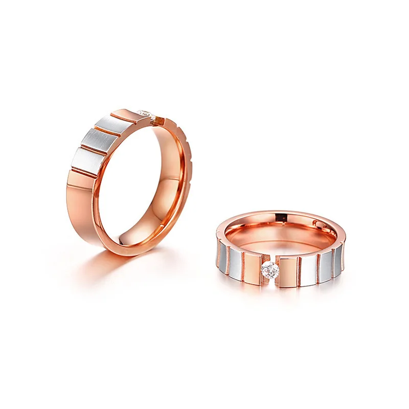 Vnox Personalize Rose Gold Color Couple Rings For Women Men Elegant Stainless Steel CZ Stone Wedding Band Customize Lover Gift