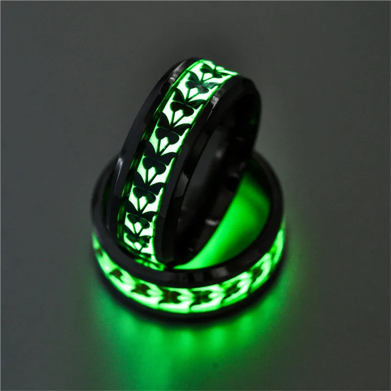 Modyle Green Glow in the Dark Stainless Steel Butterfly Wedding Band Luminous Ring for Woman Man