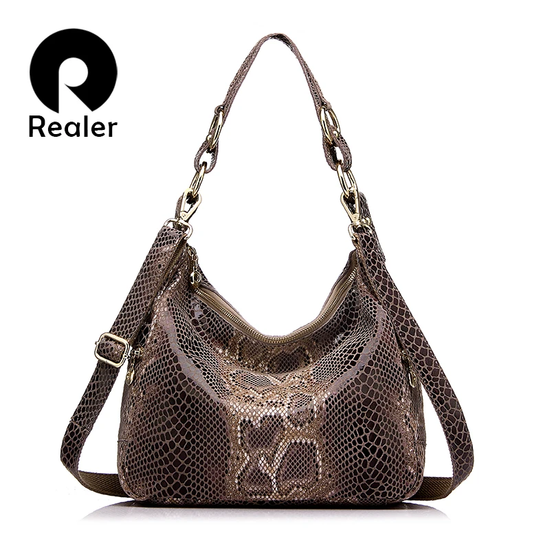 REALER дизайнерская женская сумка из натуральной кожи со змеиным узором, большая сумка через плечо для женщин, дамские сумки мешок, лучшие продажи, большая кожаная сумка хобо для женщин