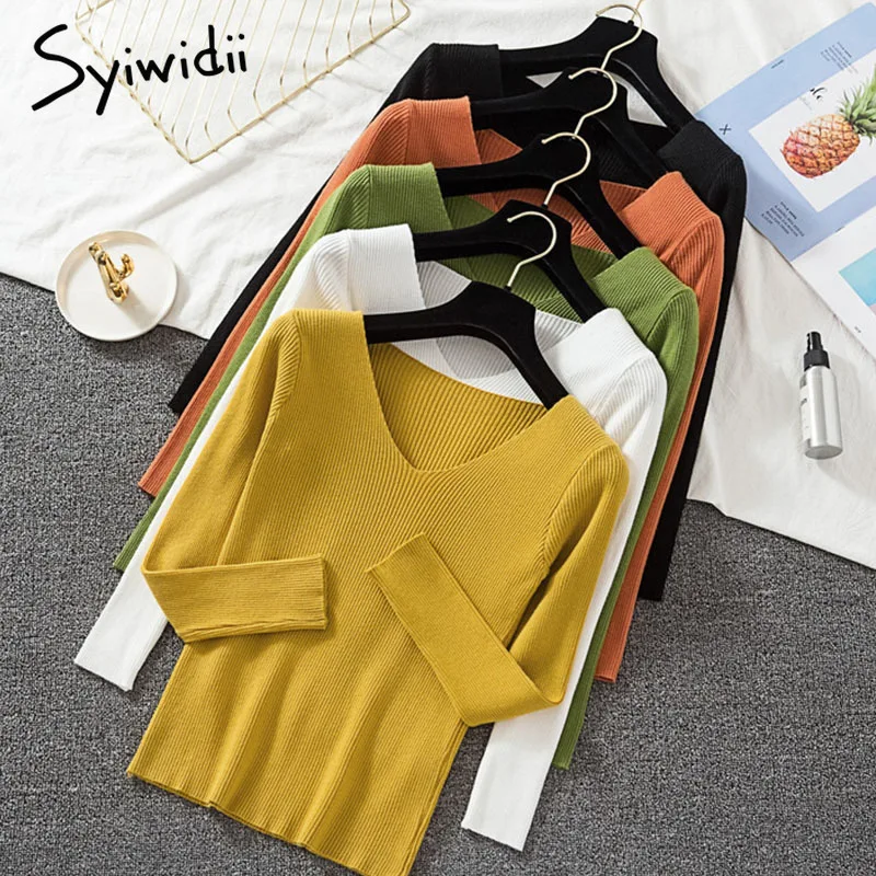 

Womens Sweaters 2019 Winter Fall Basic Shirts V Neck Long Sleeve Stretch Ribbed Shirt Knitted Yellow Green Tops Slim Fit Warm T