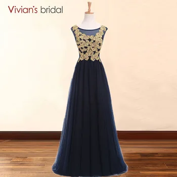 

Vivians' Bridal Gold Appliques Sleeve A Line Mother Of The Bride Dresses Tulle Mother Dress For Wedding