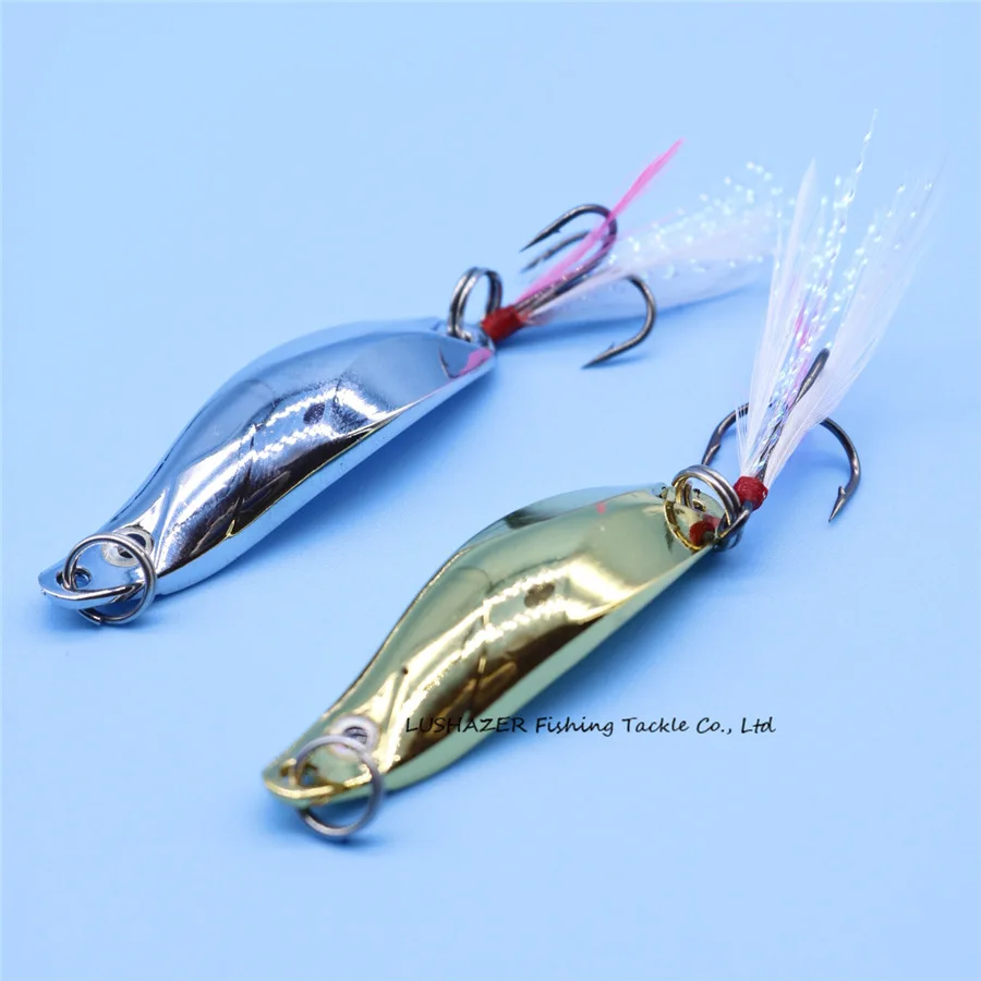 

1PCS Metal Spinner Spoon lure Fishing Lure 14g/5cm gold silver colour artificial Hard Bait Sequins with Feather Bass Treble Hook