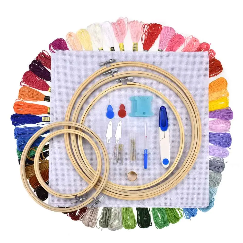 

5pcs Bamboo Cross Stitch Embroidery Hoops + 50 Colors Threads Scissors Needles Sewing Accessories For Embroidery Starter Kit