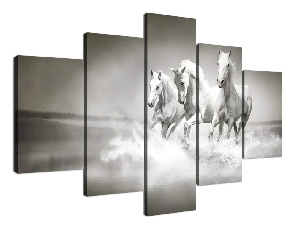 Yatsen Bridge Extra Large White Running Horse 5 Pieces Wall Art Painting Pictures Print On Canvas Animal The Picture for Home Modern Decoration Piece(70''W x 40''H)