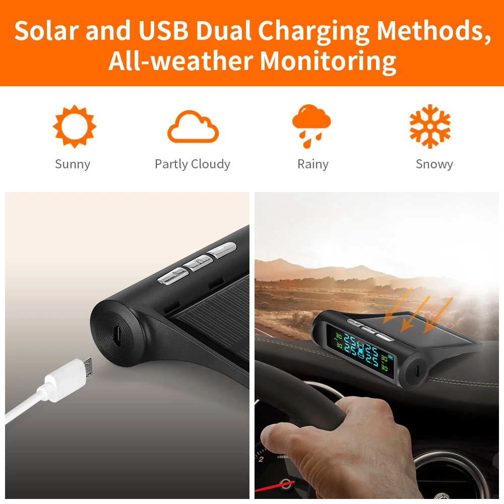 ZEEPIN C240 Tyre Pressure Monitoring System Solar TPMS Digital LCD Display Auto Security Alarm Systems with 4 External Sensors
