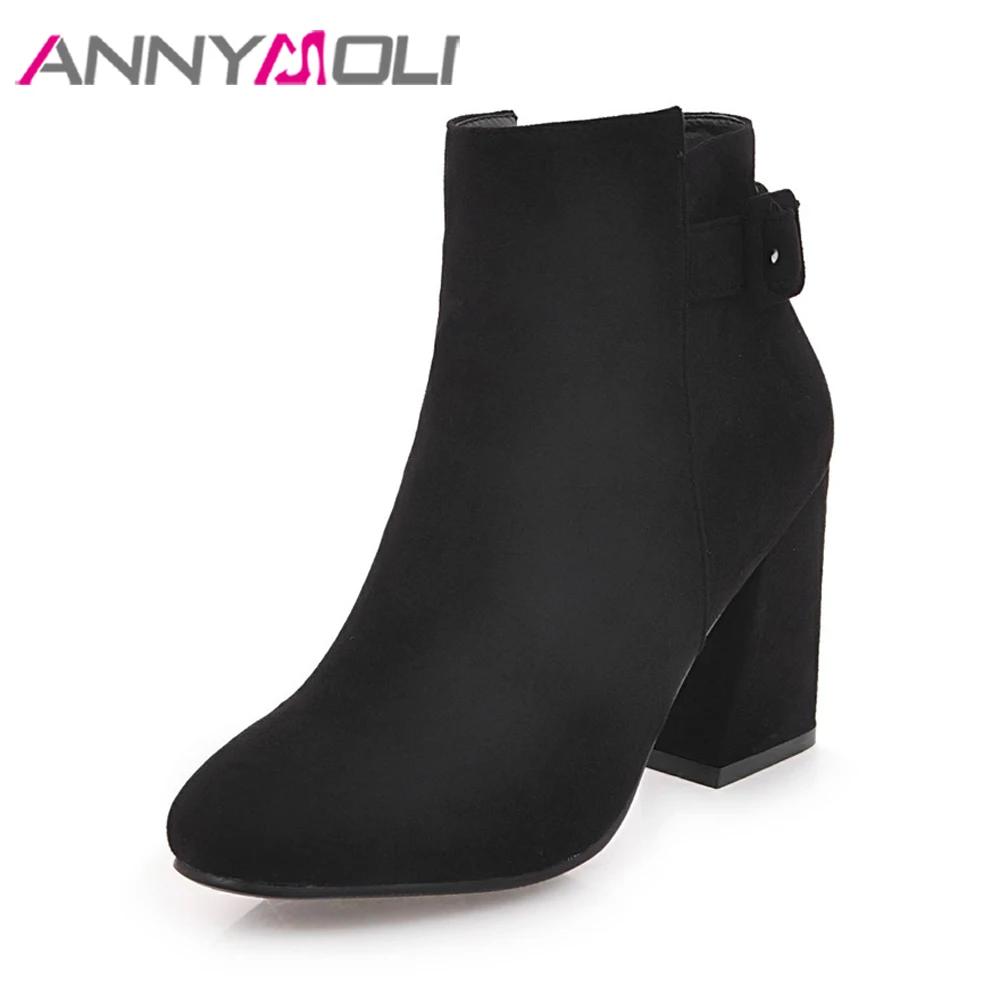 

ANNYMOLI High Heels Winter Shoes Women Ankle Boots Buckle Square Heels Short Boots Autumn New Fashion Zip Gray Large Size 3-10.5
