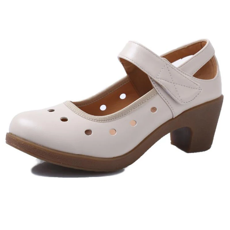 COVOYYAR/ г., женские туфли-лодочки с вырезами дышащая женская обувь Мягкая танцевальная обувь Мэри Джейн на Высоком толстом каблуке с застежкой-липучкой 41 WHH687 - Цвет: Бежевый