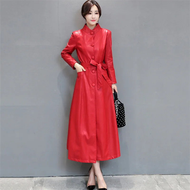Кожаная женская куртка красного цвета L-4XL размера плюс, длинное пальто из искусственной кожи, новое осенне-зимнее корейское модное однобортное пальто JD340 - Цвет: Red