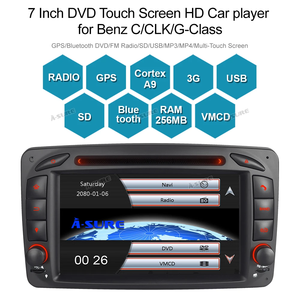 Автомагнитола A Sure 2 Din 7 ''с GPS навигацией для Mercedes Benz C/CLK Class W203 W209 Viano Vito G DAB + BT