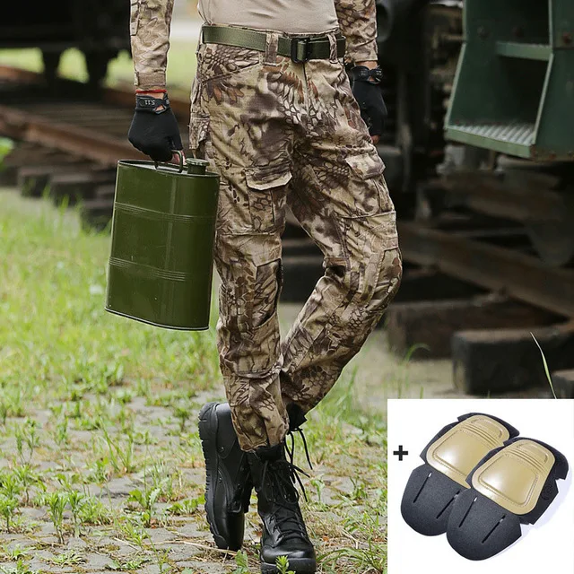 Tactical Pants Military Cargo Pants Men Knee Pad SWAT Army Airsoft Camouflage Clothes Hunter Field Combat Trouser Woodland - Цвет: With knee pads