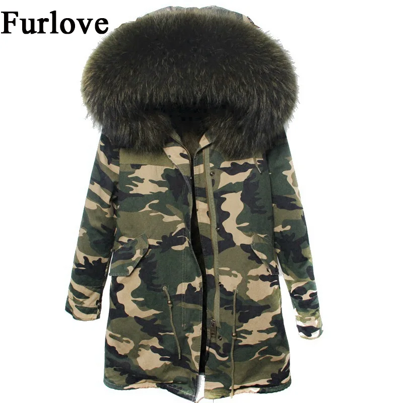 Womens Camouflage Coats Winter Jacket Women Jackets Natural Raccoon Fur Collar Outwear Thick 