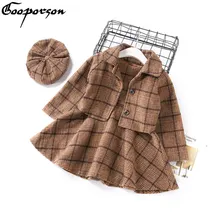 Комплект модной одежды для девочек, береты+ платье+ пальто, комплект одежды из 3 предметов для девочек комплекты курток в клетку на весну и зиму Новинка года, детская брендовая одежда