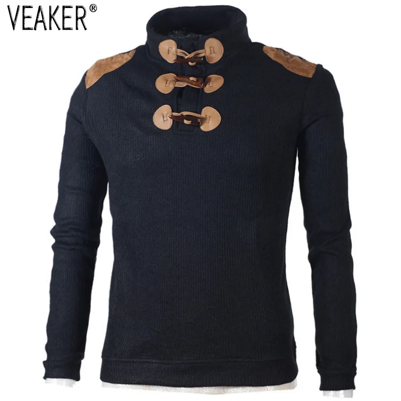 

2018 Autumn Men's Sweater Pullover Male Long Sleeve Horn Button Knitted Turtleneck Sweaters slim fit Black Gray Pullovers S-2XL