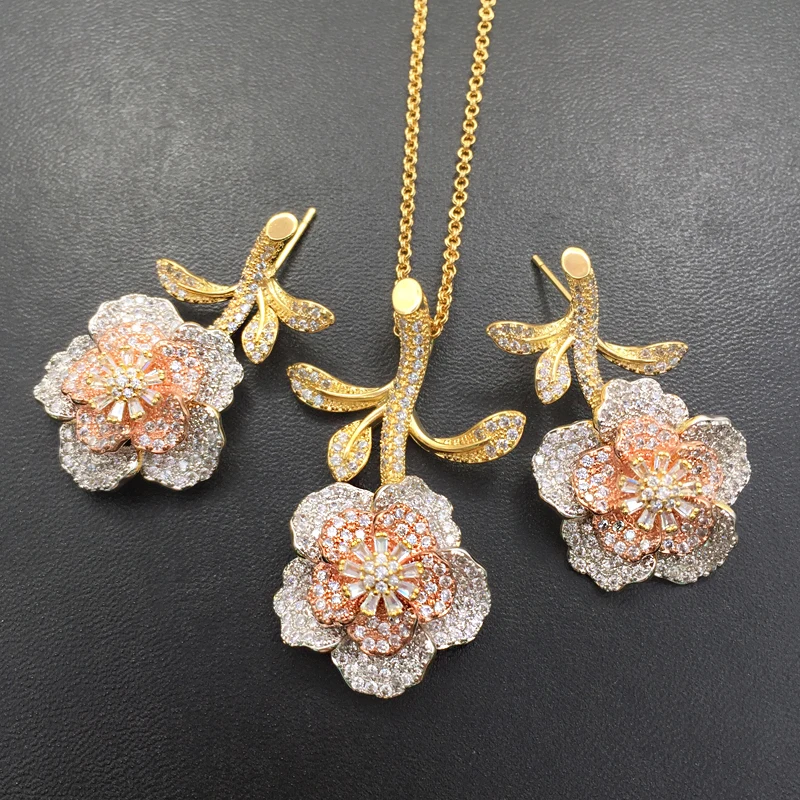 Lanyika Jewelry Set Luxury Stereo Plant Flower Zircon Micro Plated Necklace with Earrings for Woman Wedding Bridal Best Gifts | Украшения и