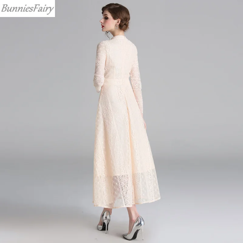BunniesFairy весеннее женское элегантное бежевое длинное кружевное платье со стоячим воротником с длинным рукавом размера плюс праздничные вечерние платья