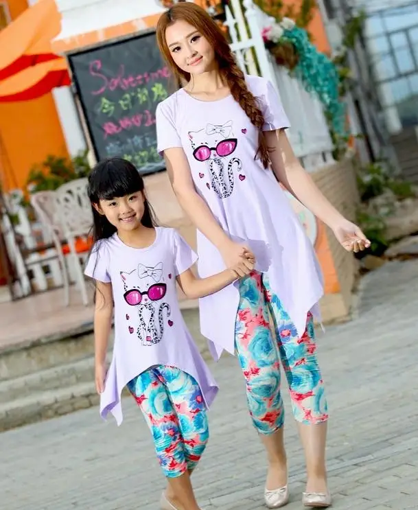 New Girls Clothing Family Set Outfits Summer Girl Dress Flower Cat Girls Woman Kids T Shirts