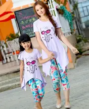 New Girls Clothing Family Set Outfits Summer Girl Dress Flower Cat Girls Woman Kids T Shirts