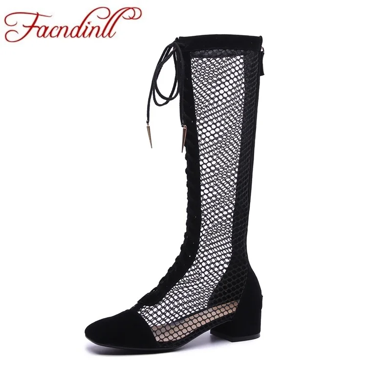 

FACNDINLL women boots new fashion genuine leather black lace up summer boots woman zipper high boots ladies dress party shoes