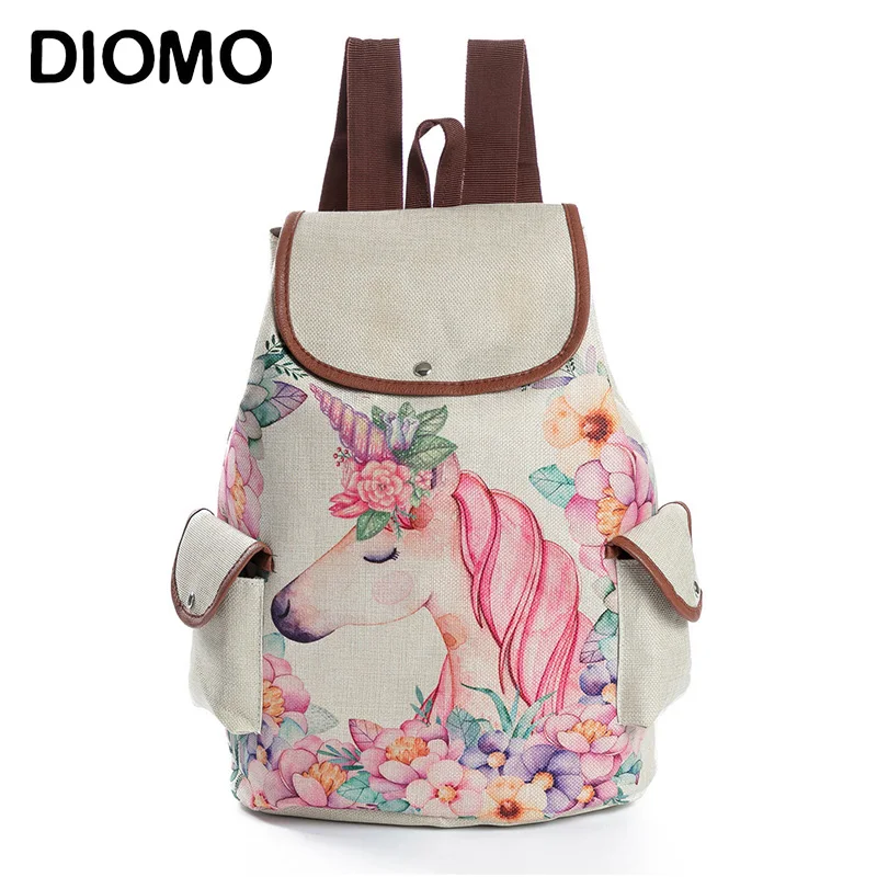 

DIOMO Unicorn Printed Linen Backpack Women School Bag Girl Teenagers Cute large Travel Bagpack Female with Men Sac A Dos fashion