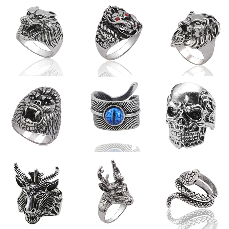 Gothic Punk Men Stainless Steel Ring Retro Rabbit Snake Tiger Wolf Rings Skeleton Devil Evil Eye Pentagram Animal Male Ring Anel