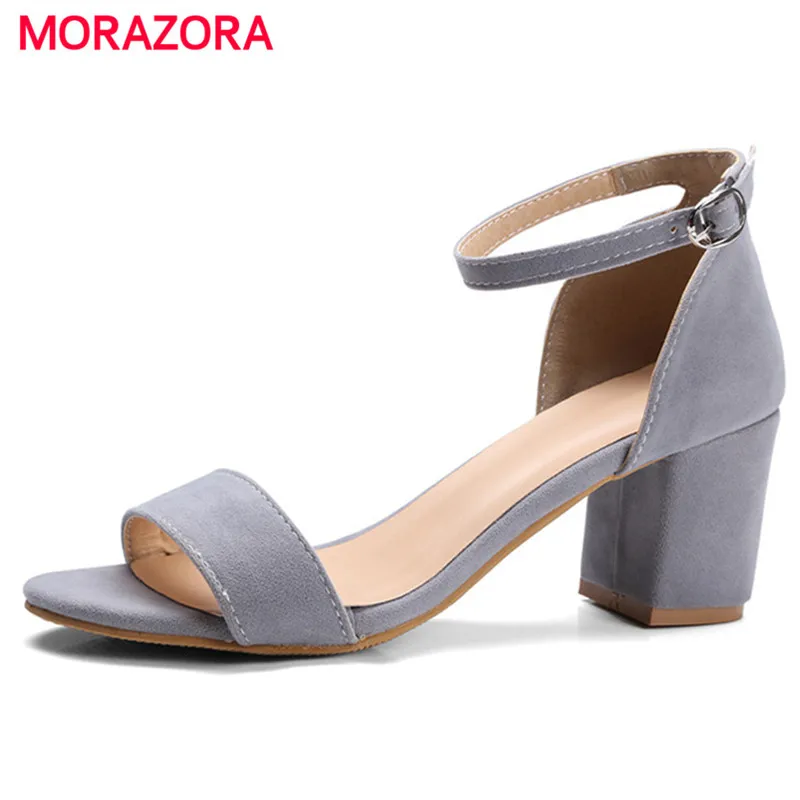 

MORAZORA Flock high square heels shoes solid buckle women shoes sandals fashion sexy lady party large size 34-45