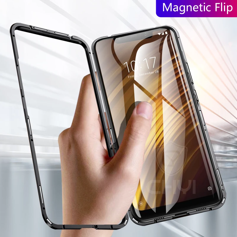 

magnetic case for xiaomi pocophone f1 case cover clear glass back cover for poco-f1 metal edge protection shockproof coque cover