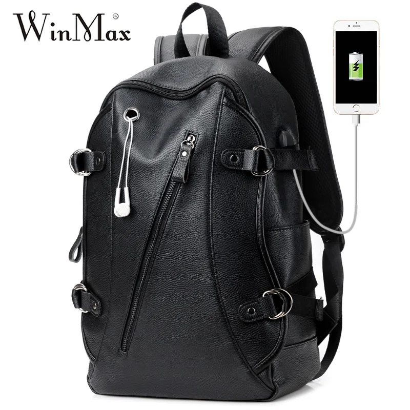 Black Winmax 15.6 Inch High Quality Men's Backapck Pu Leather USB Charging Men Rucksacks Male Travel Backpack Black Notebook Backpack - Цвет: Black