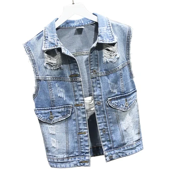 

2019 New Spring Summer Women's Denim Vest Korean Casual Waistcoat Hole Short Jeans Veste Femmes Sleeveless Jacket Feminine Coat