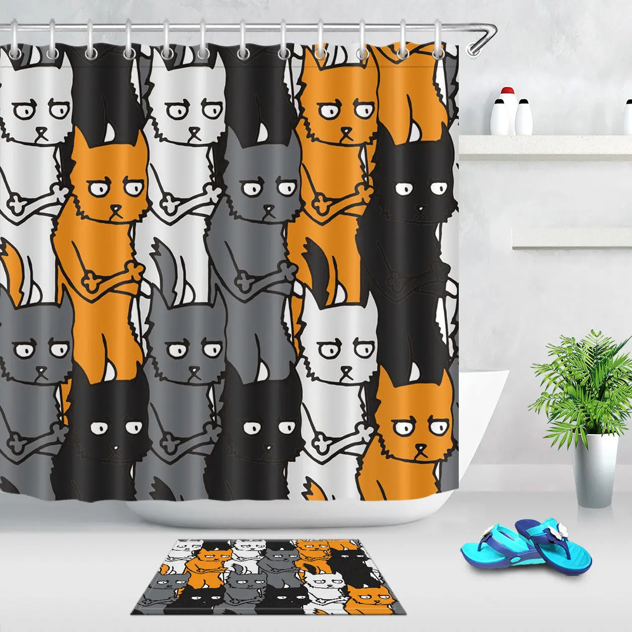 

Bathroom Waterproof Fabric Shower Curtain Liner Black & Gray Cartoon Funny Cats