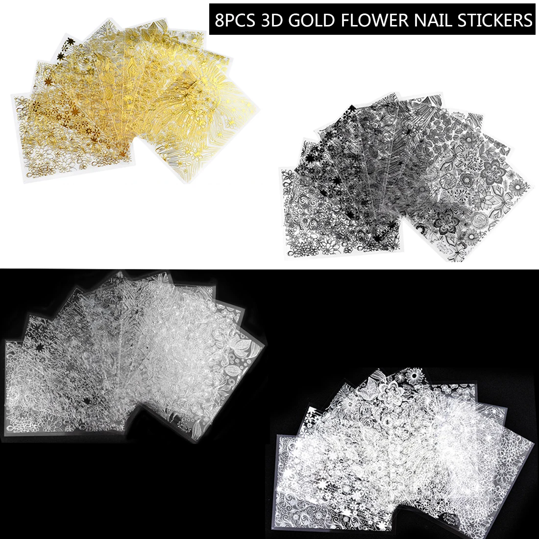 4 цвета, Цветущий цветок, стикеры 3D на ногти Nail Art Наклейки, красивые наклейки, 8 листов/набор, рельефные 3D наклейки для ногтей с золотыми цветами