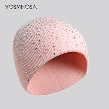 Зима-осень шапочка Шапки Для женщин Стразы Вязание головные уборы Skullies Beanies шляпа Мягкая Для женщин зимние вязаные шапки бини шапки Кепки женский WH053