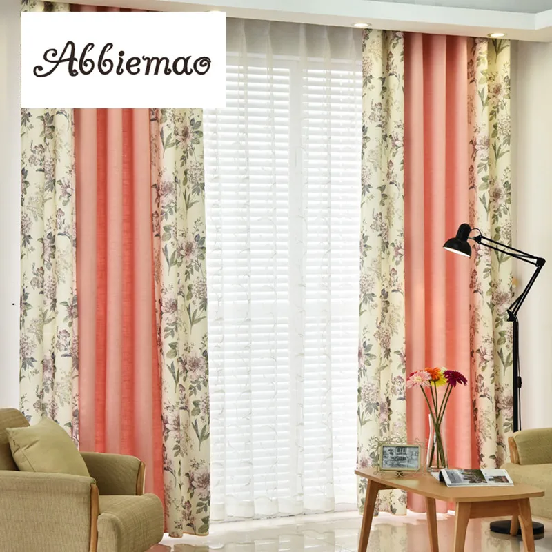 

Abbiemao Pastoral Korean Imitation Hemp Curtain Cloth Splicing Window Curtains Semi Shade Floral Printing Window Drapes