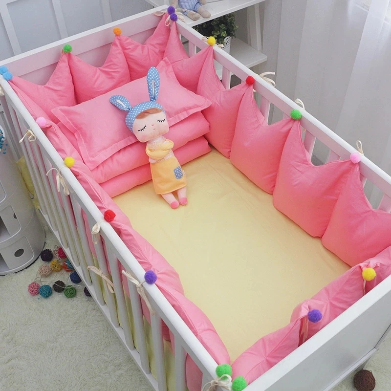 6pcs Set Cotton Baby Cot Bedding Grey Crown Crib
