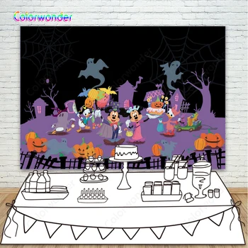 

Photography Background Mickey with Minnie Wearing Colorful Clothes and Pumpkin Lantern 7x5ft White Ghost Night Backdrop for Kid