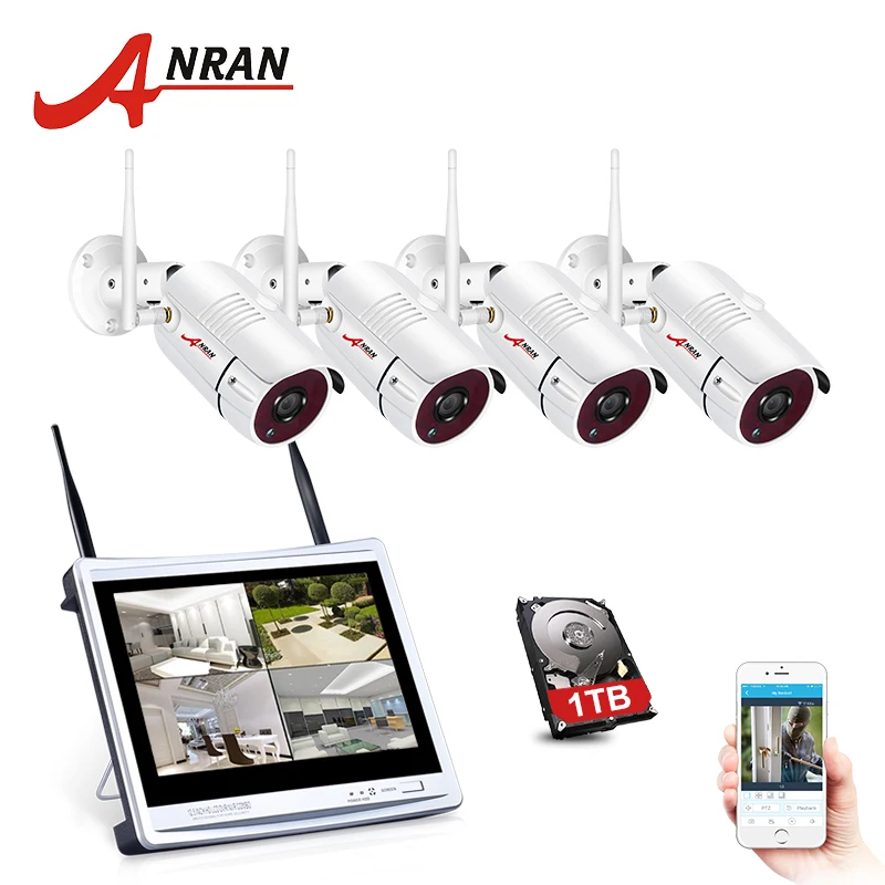 

ANRAN P2P 4CH WIFI NVR 12 Inch LCD Monitor 36 IR Waterproof Surveillance Security 960P Wireless IP Camera System HDD Optional