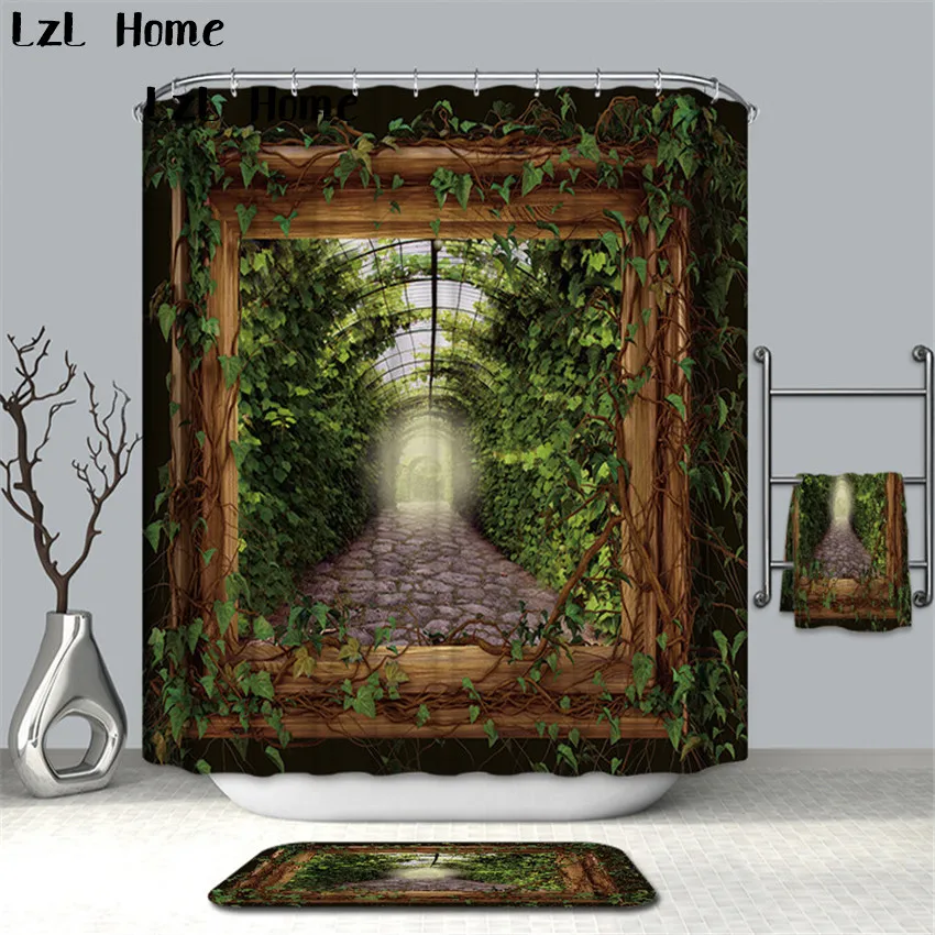 LzL Home Forest Tree Flower Shower Curtain 3D Bath Curtain Hooks