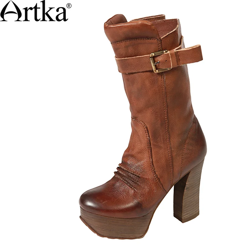 

Artka Women'S Fashion Handmade Spring Fall High Square Heeled First Layer Of Cowhide Mid-Calf Round Toe  Boots  XD14234D