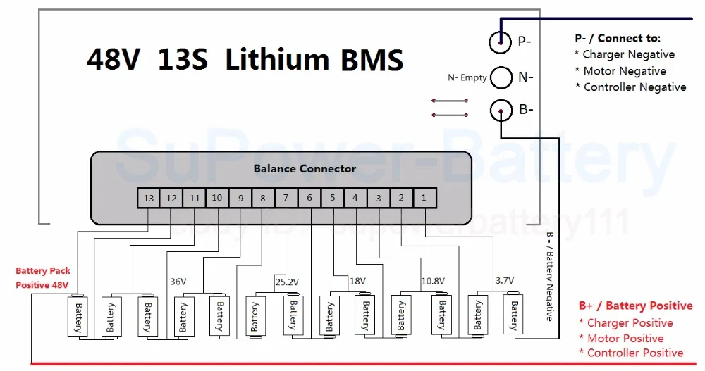 Схема распайки bms mh9930ntc Литий-ионный аккумулятор Supower 13 s 46.8 В 48 В 54.6 В 45a AliExpress