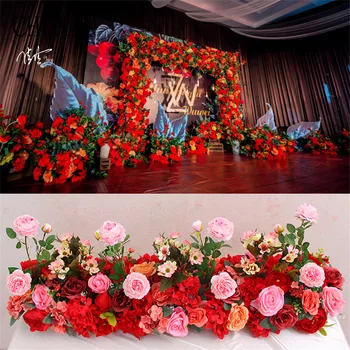 

New wedding silk Artificial flower row wedding window door background wall stage road lead fake flower row T table decoration
