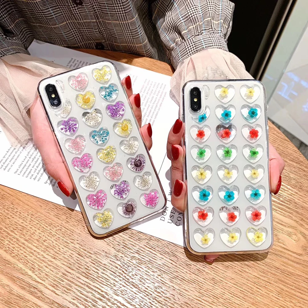 Cute Heart Dried Flowers Case For iPhone 7 8 6 6S Plus Transparent X XR XS Max TPU Real Flower Silicone Girly Cover | Мобильные