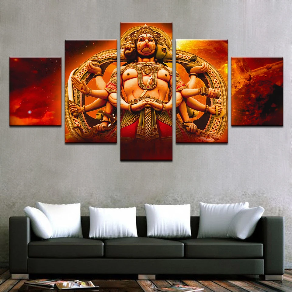 5 Piece India Monkey God Hanuman Painting For Living Room Wall Art