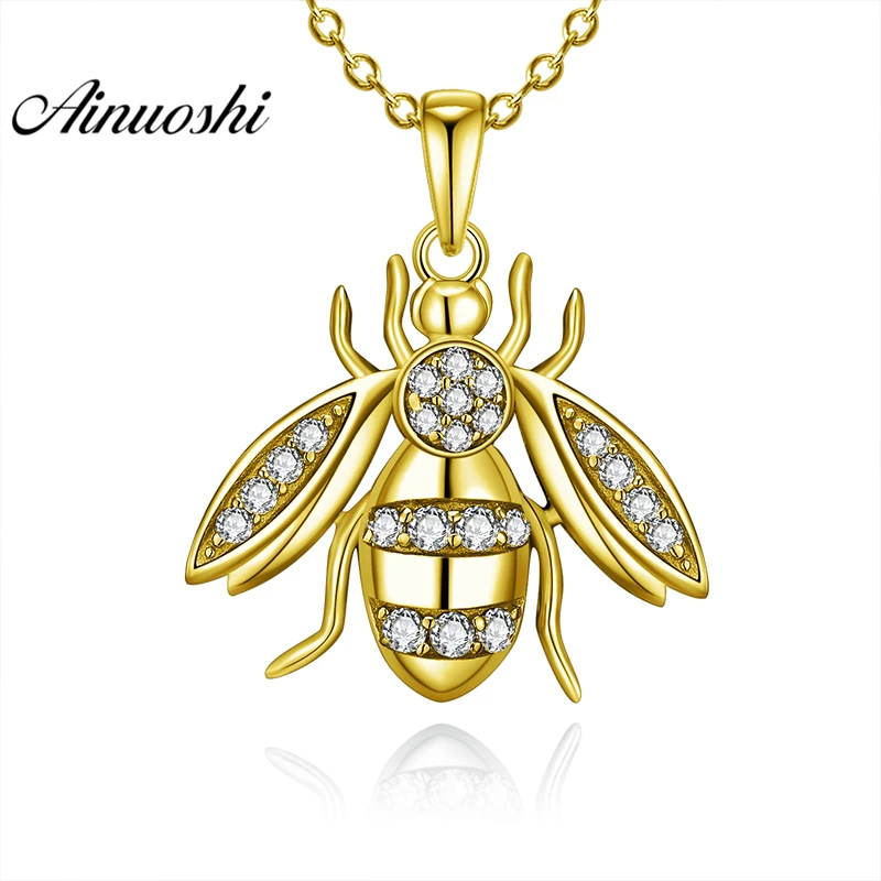

AINUOSHI 10K Solid Yellow Gold Pendant Cute Bees Pendant SONA Simulated Diamond Women Men Jewelry Animal Design Separate Pendant